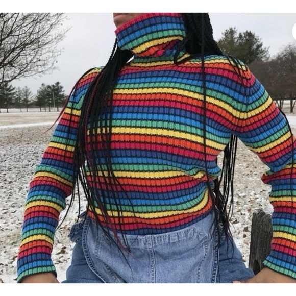 Tommy Hilfiger Sweaters - Tommy Hilfiger Rainbow Striped Fitted Turtleneck Sweater Medium Vtg Y2K 2001